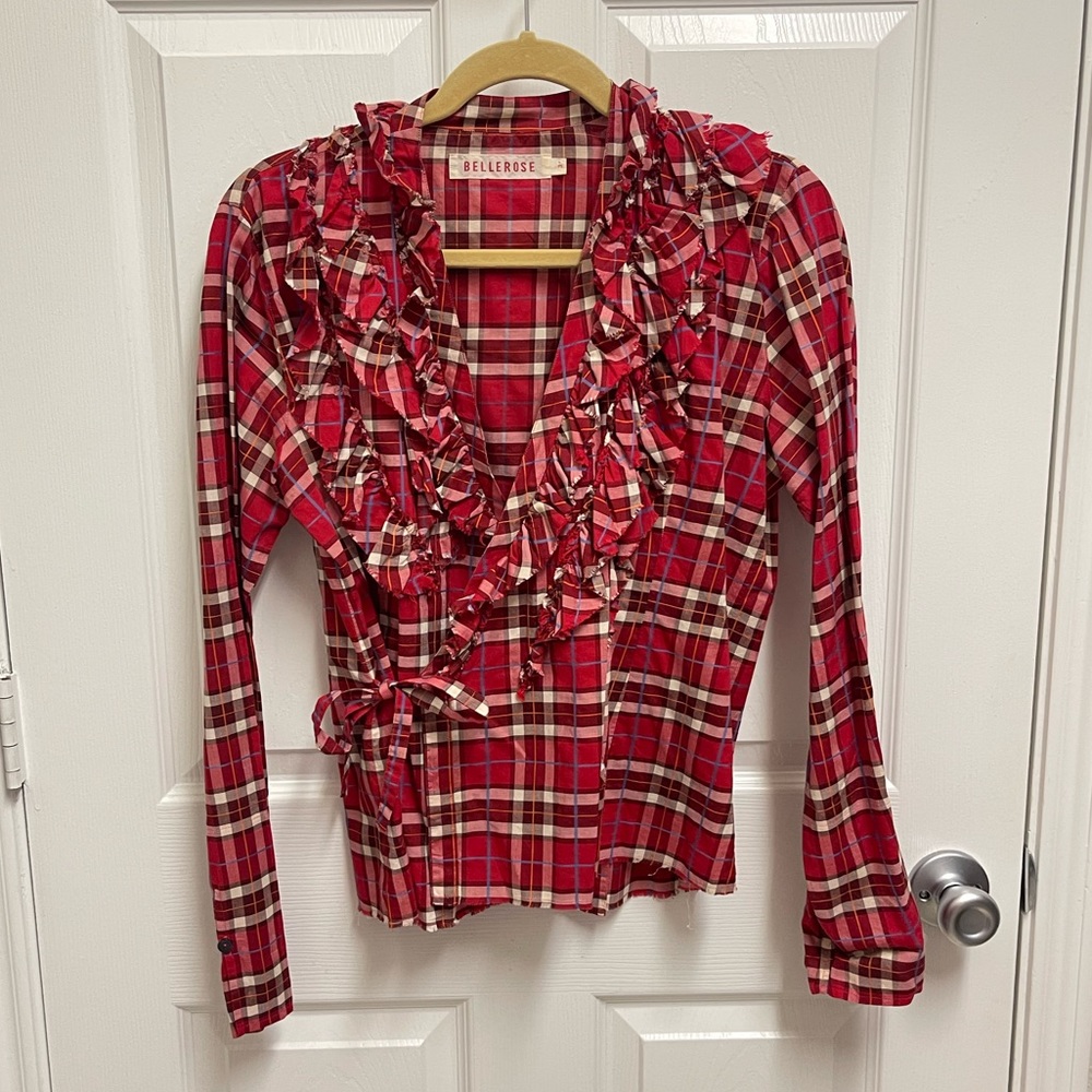 Bellerose Plaid Ruffle Wrap Front Blouse